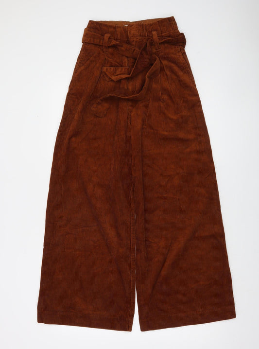 Additional front view of Denim Co. women’s brown corduroy paperbag wide-leg trousers, size UK 4