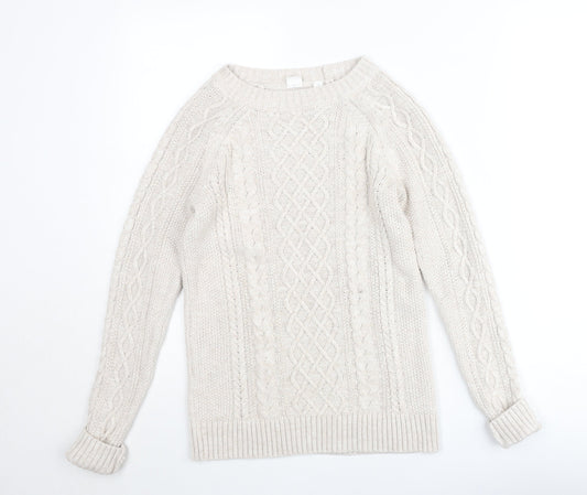 GAP Women Beige XS Cable-Knit Crew Neck Cotton Wool Jumper
