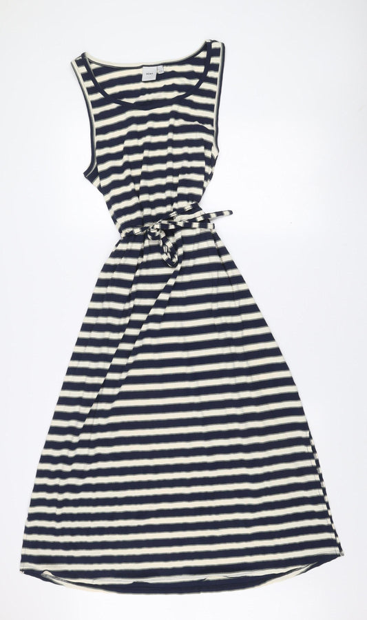 ICHI Women’s Blue White Striped A-Line Sleeveless Dress L
