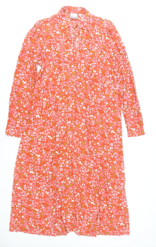 Additional front view of ICHI women’s orange floral shirt dress, size UK 10, midi viscose