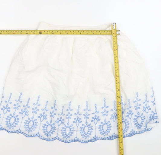 Y.D. Girls White & Blue Embroidered Cotton A-Line Skirt 10-11 Years