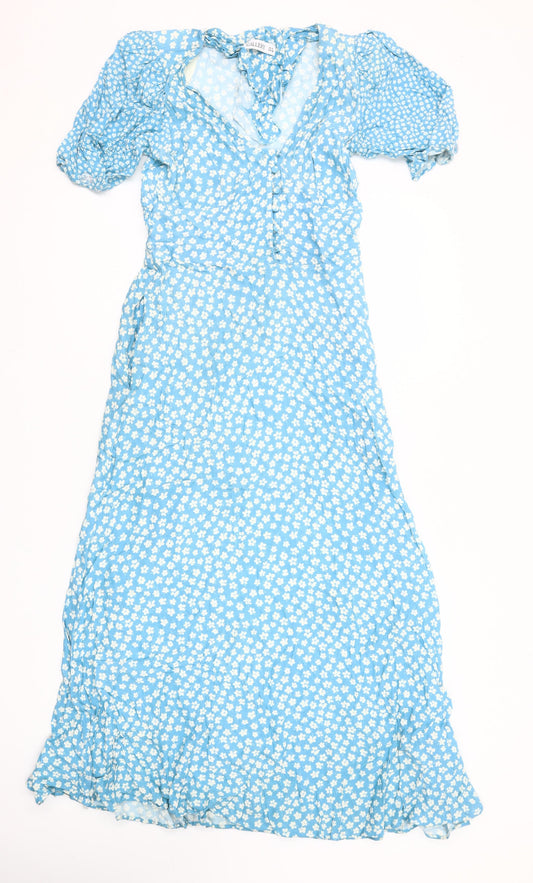 Additional front view of Gallery Women’s Blue Floral Midi Fit & Flare Dress, size UK 8