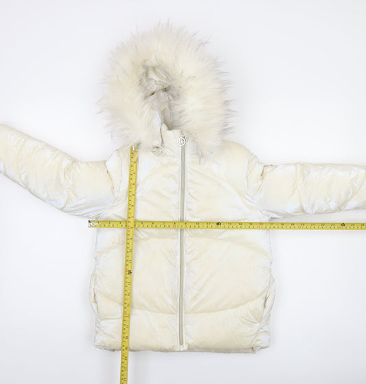 Michael Kors Girls Ivory Hooded Puffer Jacket 6 Years Faux Fur Trim Winter Coat