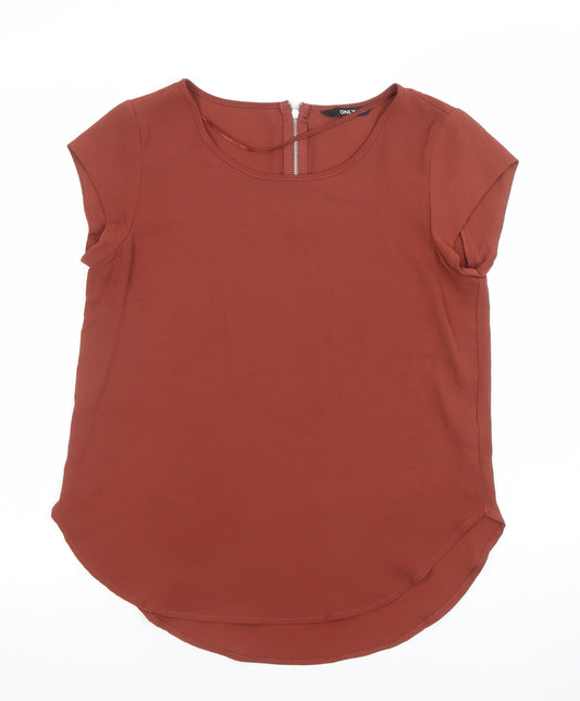 Additional front view of Only Women’s Brown Short Sleeve Zip Back Blouse, size UK 6
