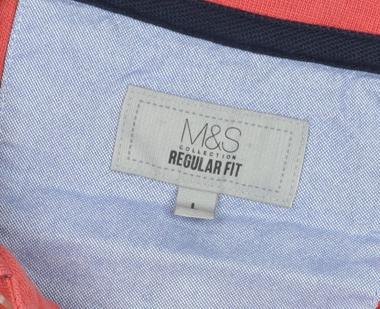Marks and Spencer Men's Red Cotton Regular Fit Polo Shirt L