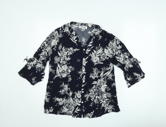 Additional front view of Gerard women’s black floral tunic blouse, size UK 12, viscose 3/4 sleeve