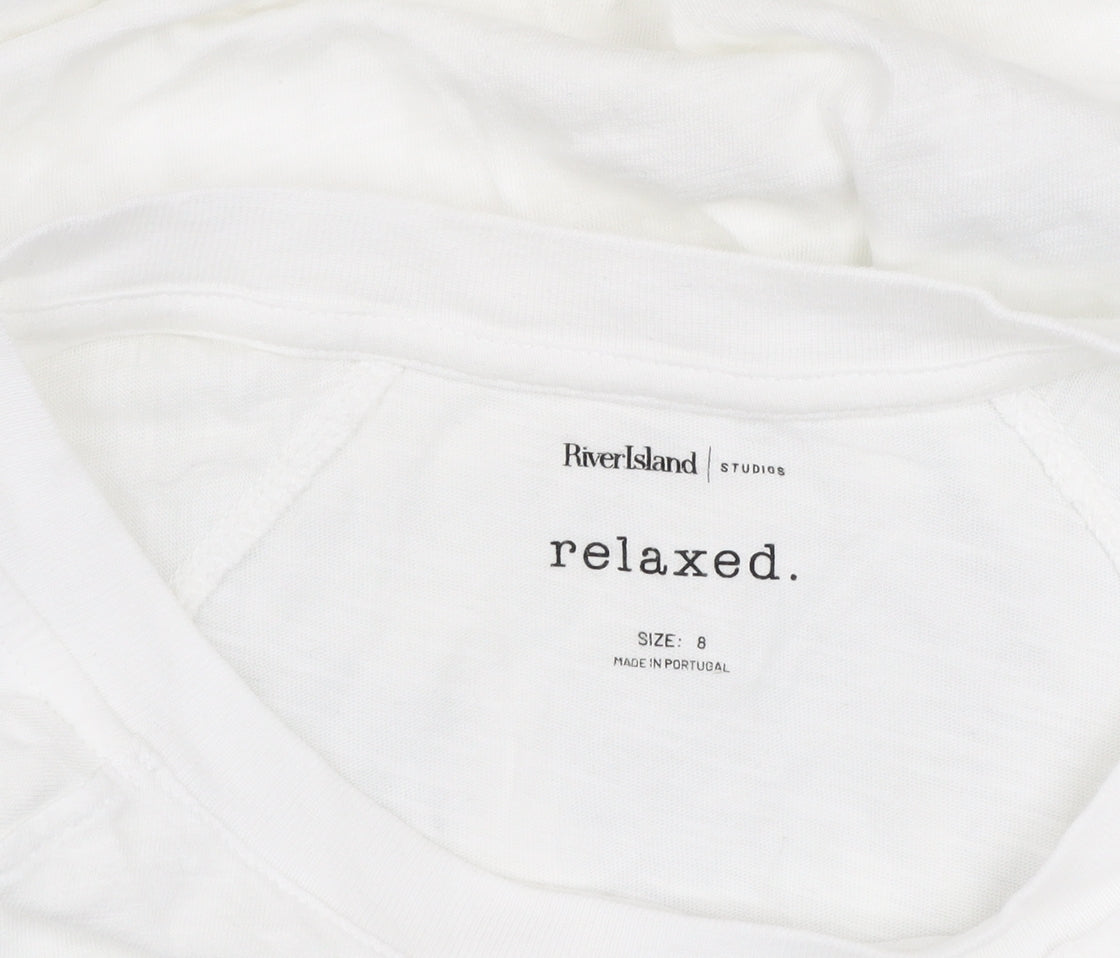 River Island Womens White Relaxed Long Sleeve Cotton T-Shirt Size 8