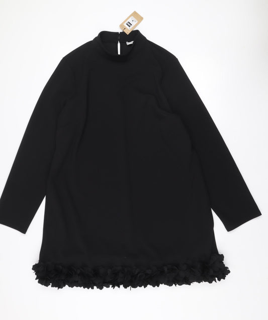Additional front view of Gallery Women Black L Shift Dress Floral Trim Long Sleeve, size L