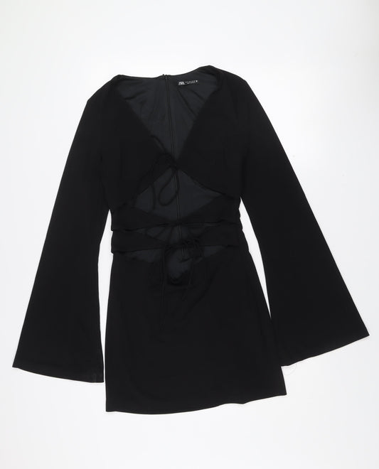 Zara Women Black Size 12 Bodycon Long Sleeve V-Neck Dress
