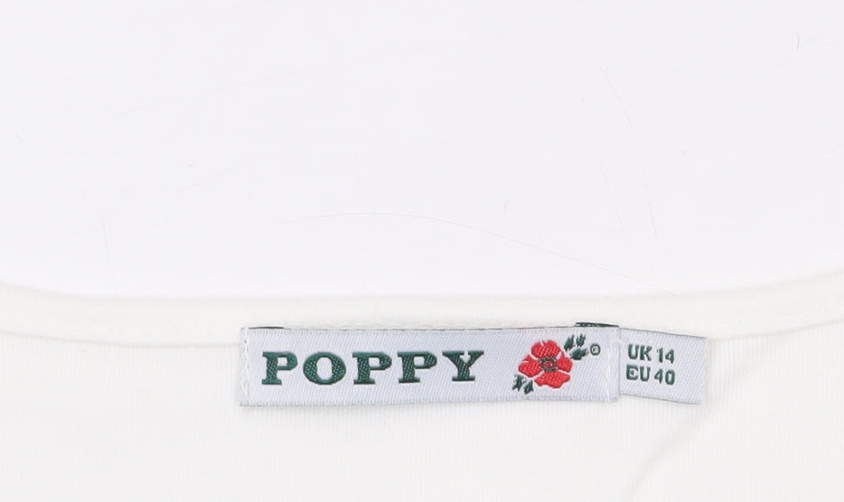 Poppy Womens White Floral V-Neck Short Sleeve T-Shirt Size 14