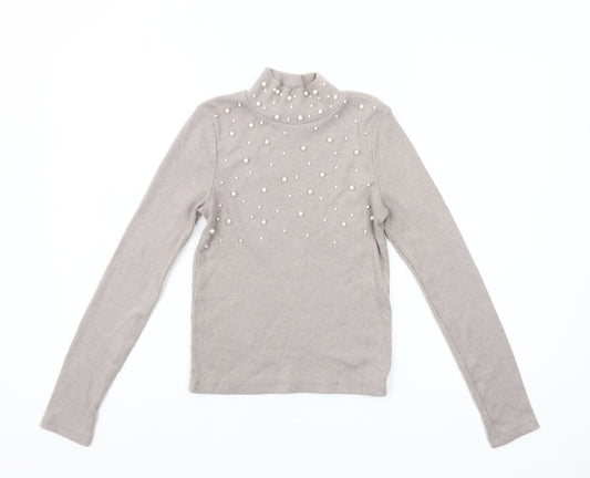 ZARA Women Beige Mock Neck Beaded Slim Fit Knit Jumper Size S