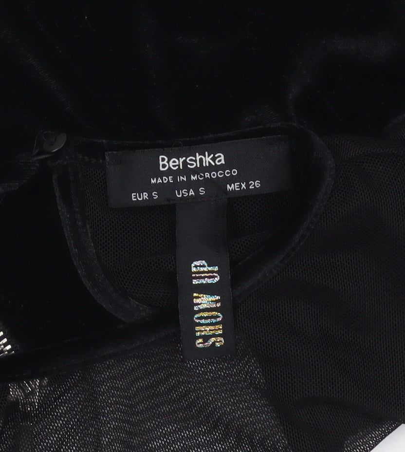 Bershka Women's Black Velvet Mesh Cropped Blouse Size S Party Top