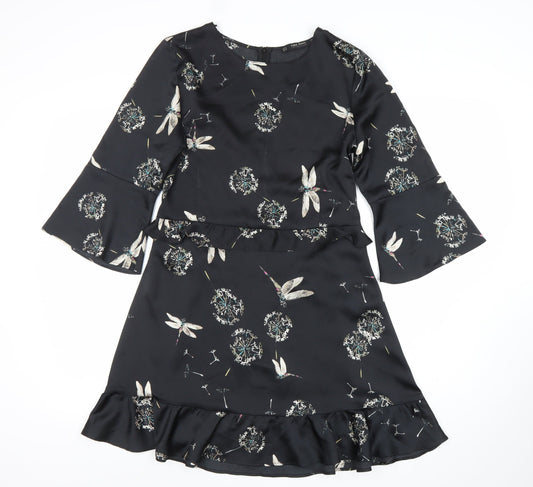 Zara Women Black Floral Ruffle Shift Dress Size 12