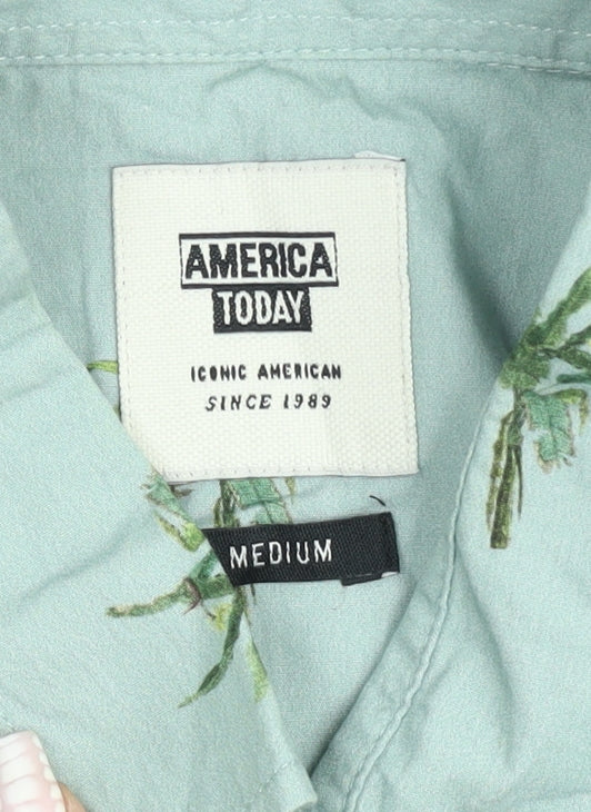 America Today Men's Green Palm Print Short Sleeve Button-Up Shirt Medium