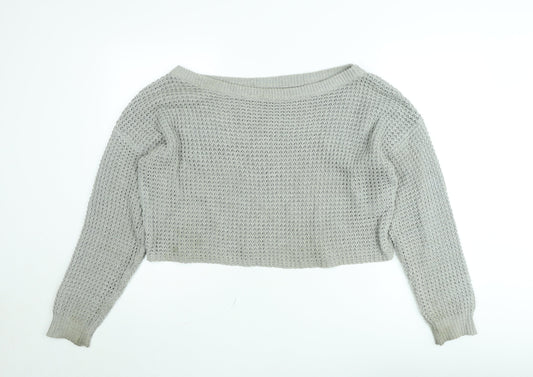Additional front view of Missguided Women’s Grey Open-Knit Boat Neck jumper, size UK 10/12
