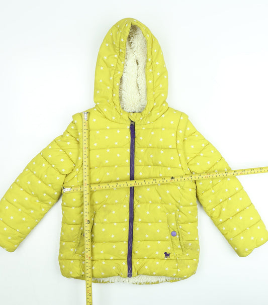 Joules Girls Yellow Star Print Hooded Puffer Jacket 6-7 Years Lined Winter Coat