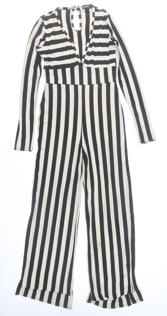 PrettyLittleThing Women’s Black & Beige Striped Long Sleeve Jumpsuit UK 14