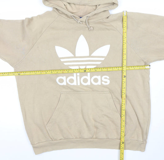 Adidas Women Beige Hooded Pullover Hoodie L Cotton Blend Logo Print