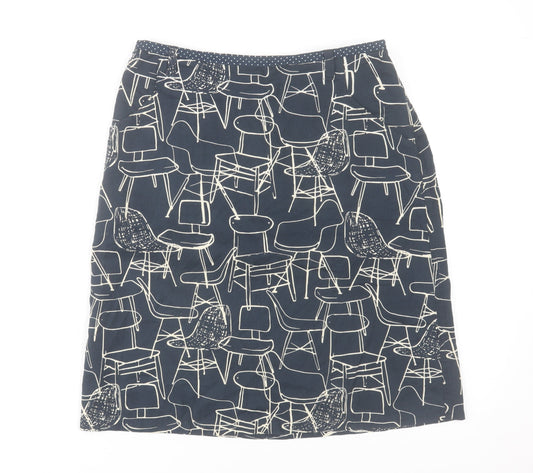 White Stuff Women's Blue Art Print Cotton Knee Length Skirt Size 8