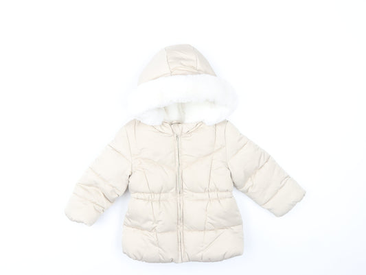 Additional front view of F&F unisex baby beige 12-18 months hooded puffer coat with faux fur trim
