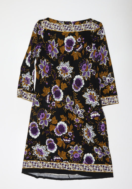 Gallery Women Black Floral Shift Dress Size 14 3/4 Sleeve Boho Style