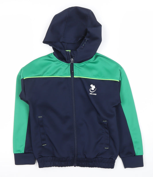 Dunnes Stores Boys Navy Green Full Zip Hoodie 6-7 Years Polyester Blend Ireland Logo
