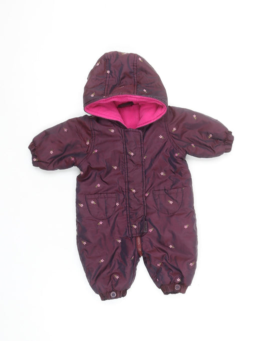 Additional front view of Mothercare unisex baby purple floral hooded snowsuit 0-3 months winter wear