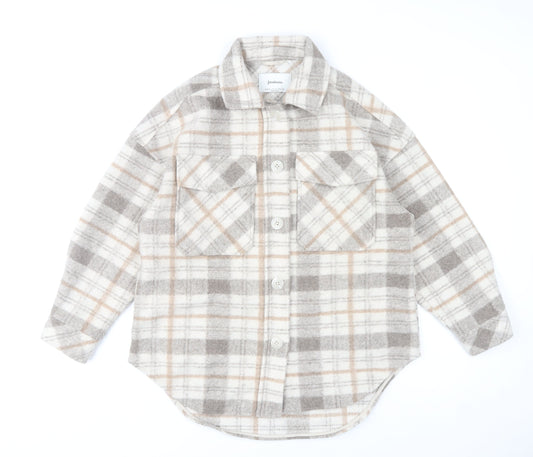 Stradivarius Women Beige Check Overshirt Jacket Size 12 Fleece Style