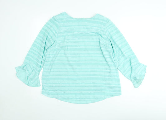 Additional front view of Dunnes Women Blue Striped Ruffle Long Sleeve Tunic Blouse, size 12