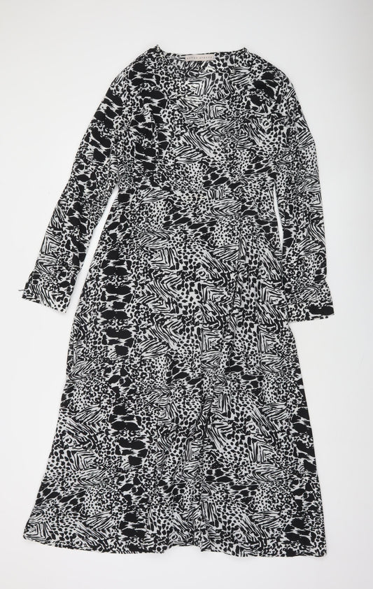 Rowen Avenue Womens Black Midi A-Line Animal Print Dress Size 10
