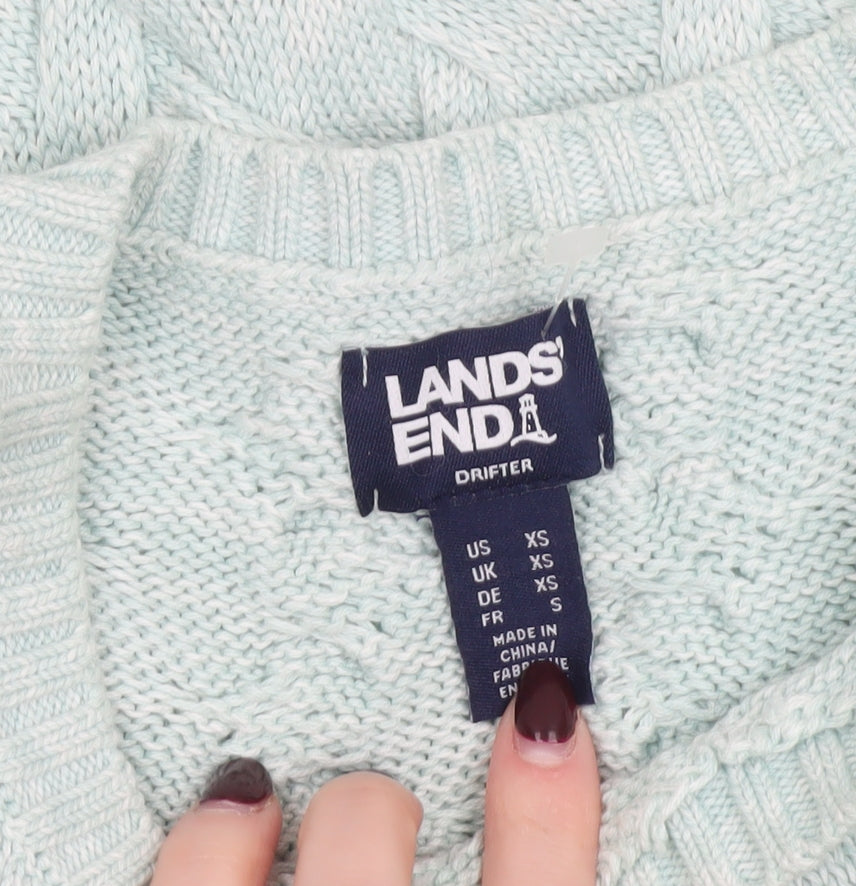 Lands' End Women's Green Cable-Knit Cotton Jumper XS
