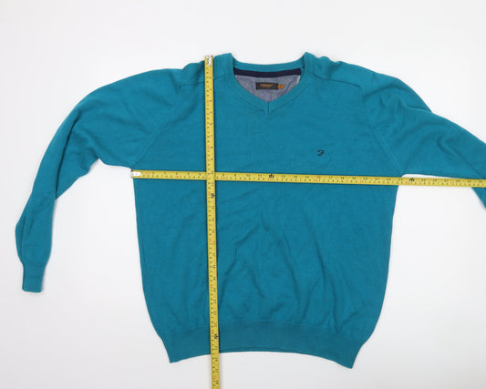 Farah Mens Blue L Cotton V-Neck Classic Knit Jumper