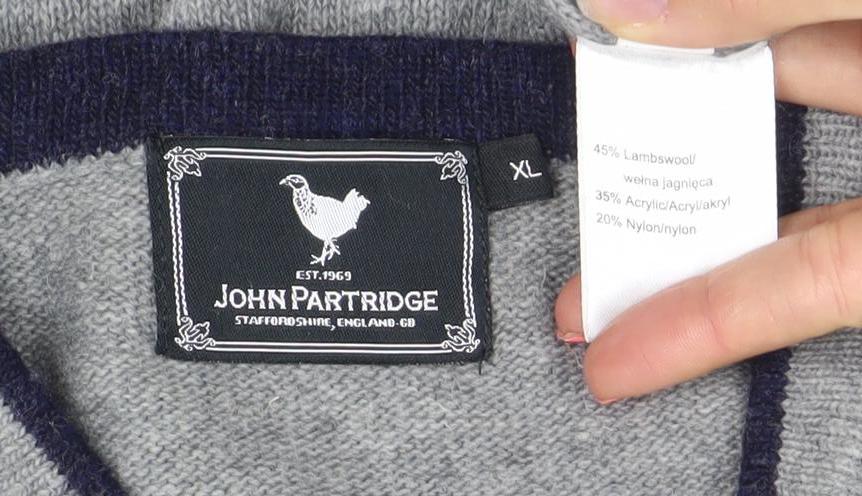 John Partidge Men’s Grey V-Neck Lambswool Jumper XL