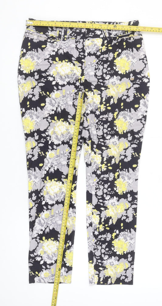 Dunnes Women Floral Print Cropped Trousers Black Yellow Size 10 Cotton Stretch