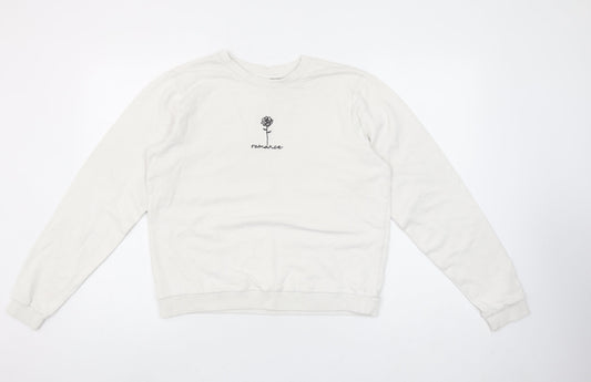 Additional front view of ASOS Women’s White Pullover Sweatshirt UK 8 Crew Neck Cotton ‘Romance’ Print