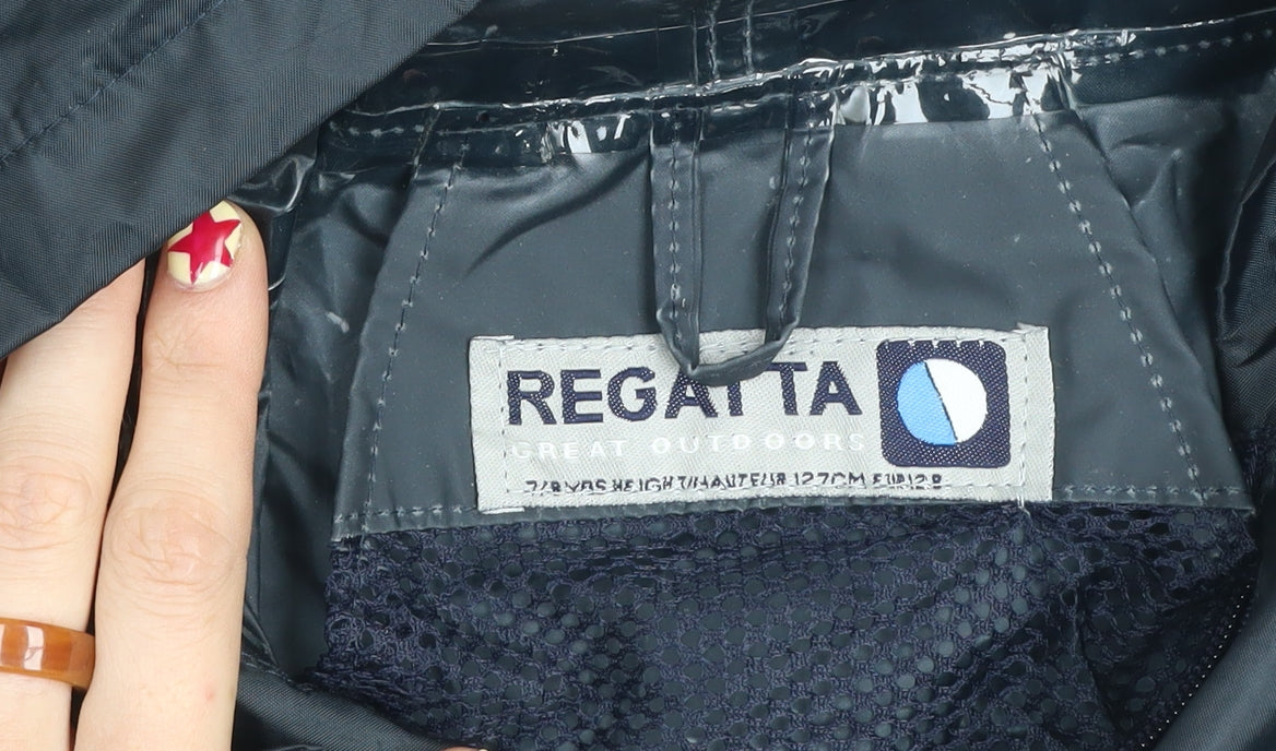 Brand and care label for Regatta boys’ black waterproof hooded rain coat jacket 7-8 years