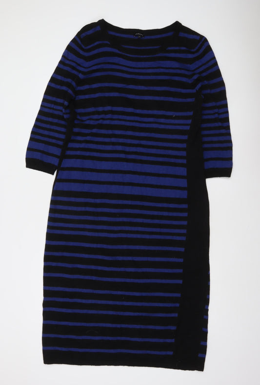 Additional front view of Jaeger Women’s Blue Black Striped Bodycon Knit Dress XL