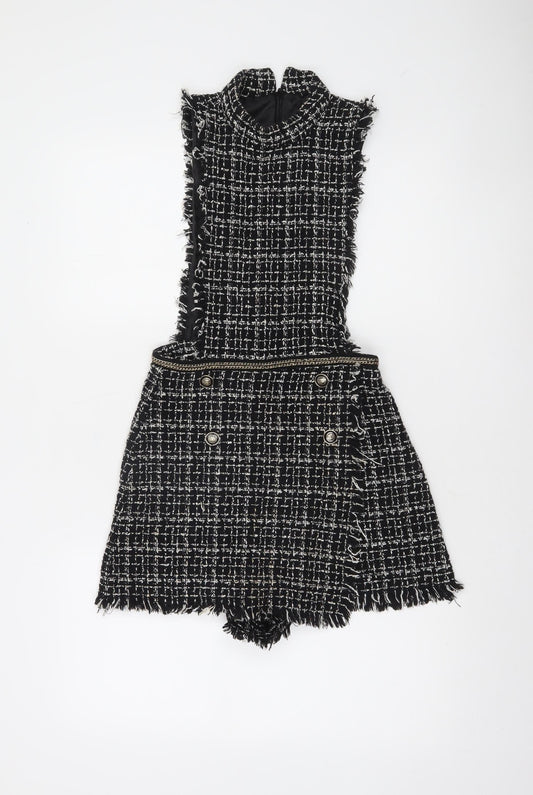 Zara Basic Women's Black Tweed Sleeveless Playsuit XS Bouclé Look