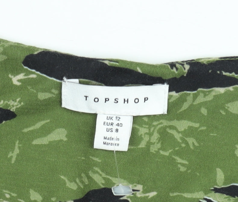 Topshop Women’s Green Camouflage A-Line Jersey Dress Size 12
