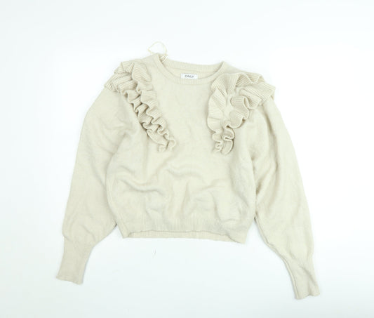 ONLY Women Beige Ruffle Knit Jumper Medium Long Sleeve Pullover