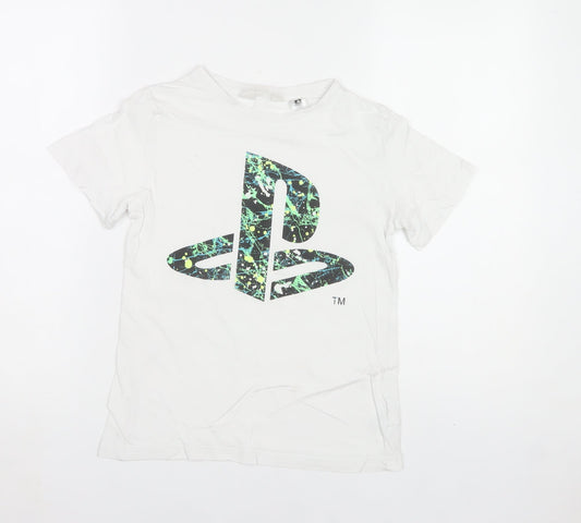H&M Boys White PlayStation Logo T-Shirt 9-10 Years Regular Fit Cotton