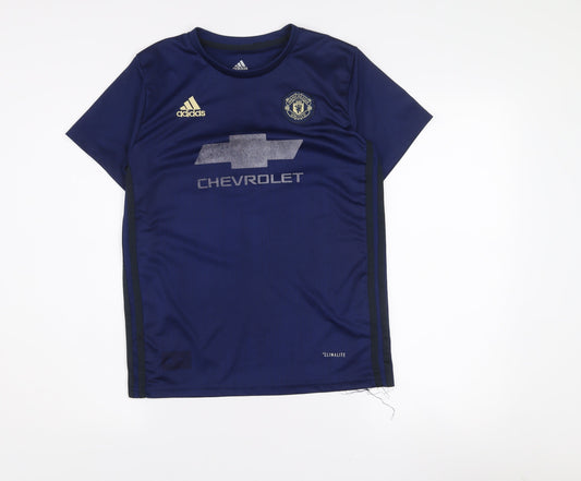 Additional front view of Adidas boys’ blue manchester united football jersey shirt, size 176