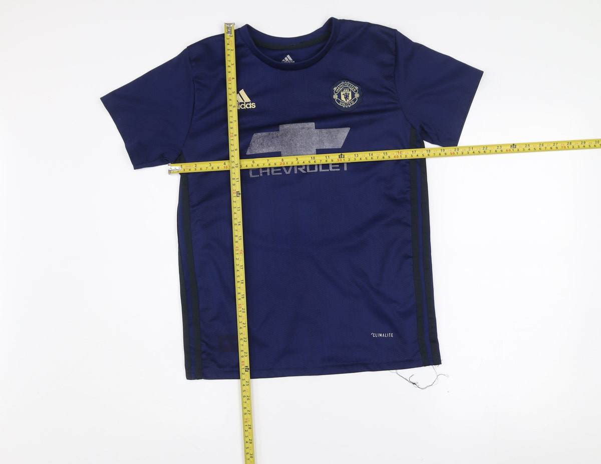 Brand and care label for Adidas boys’ blue manchester united football jersey shirt, size 176