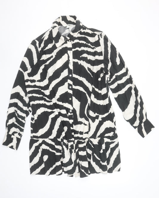 H&M Women’s Black & White Zebra Print Long Sleeve Shirt Dress Size S