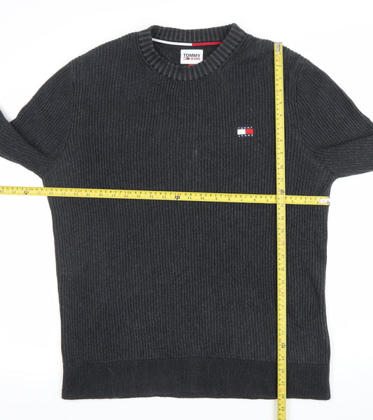 Tommy Jeans Mens Black Cotton Crew Neck Ribbed Pullover Jumper L