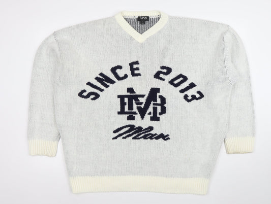 BoohooMAN Men's White V-Neck Graphic Knit Pullover Jumper Size M