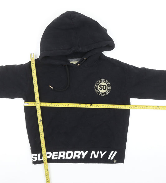 Superdry Women's Black Cropped Hoodie Size 12 Printed Logo Pullover