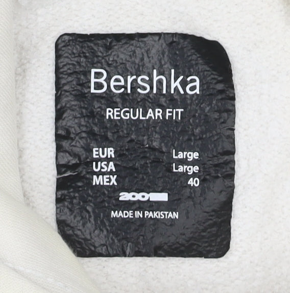Bershka Men’s Beige Pullover Hoodie L Regular Fit Fleece Cotton Blend