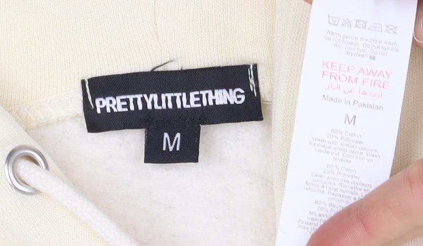 PrettyLittleThing Unisex Beige Full Zip Hoodie M Apres Ski Embroidered