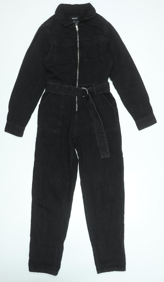 Additional front view of Denim Co. Women's Black Denim Belted Jumpsuit, size 4, Regular